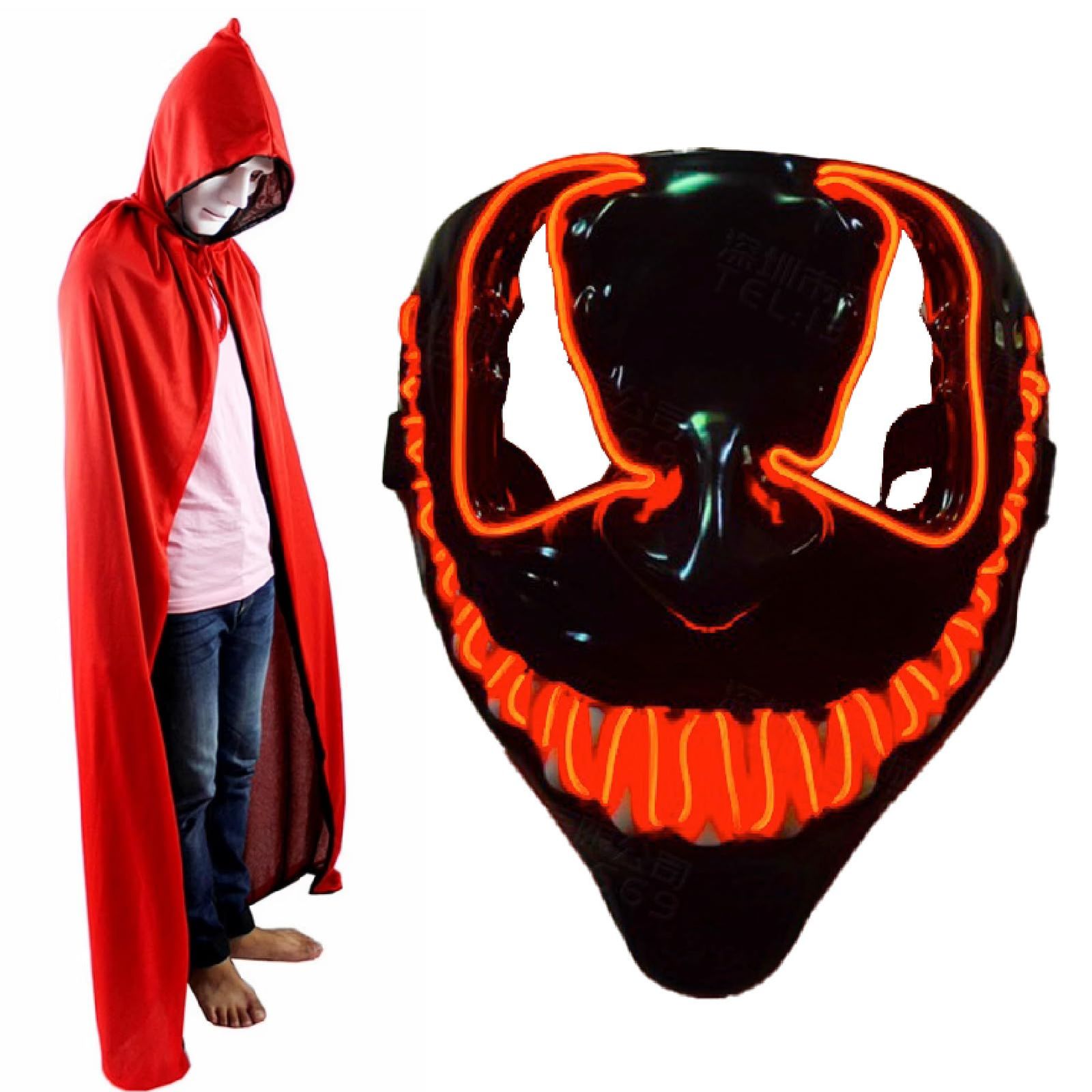 [CAWKAY] LED光る仮面 マント セット 仮装 ハロウィン コスプレ LEDマスク 怖いマスク ホラーマスク リバーシブル イベント用 (レッド) [レッド]