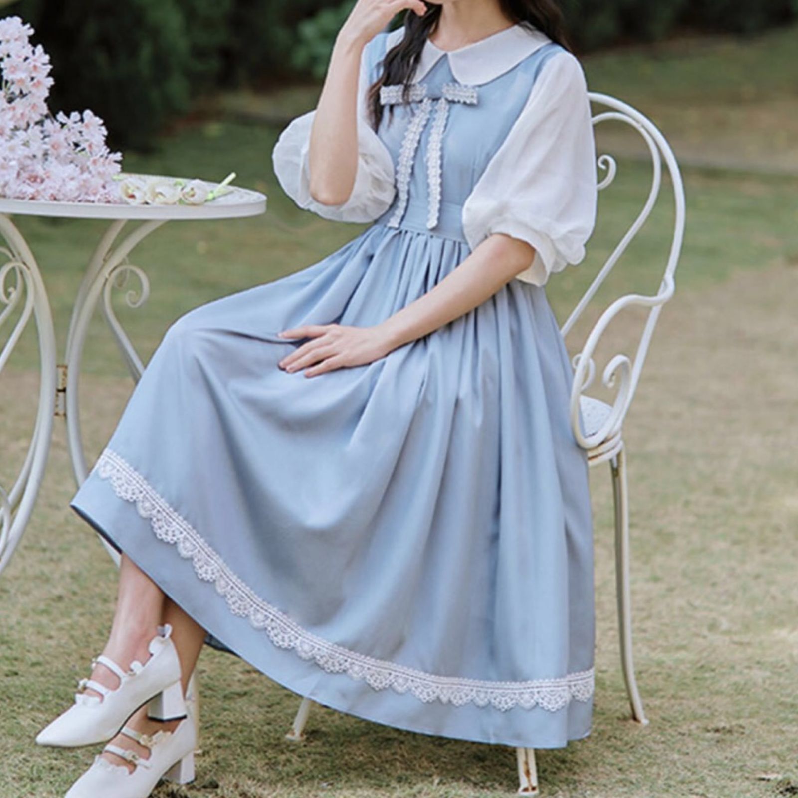 レディース フォーマルワンピ レトロ 上品 半袖 パフスリーブ 新品】レトロガーリー♡パフスリーブドッキング半袖ワンピース