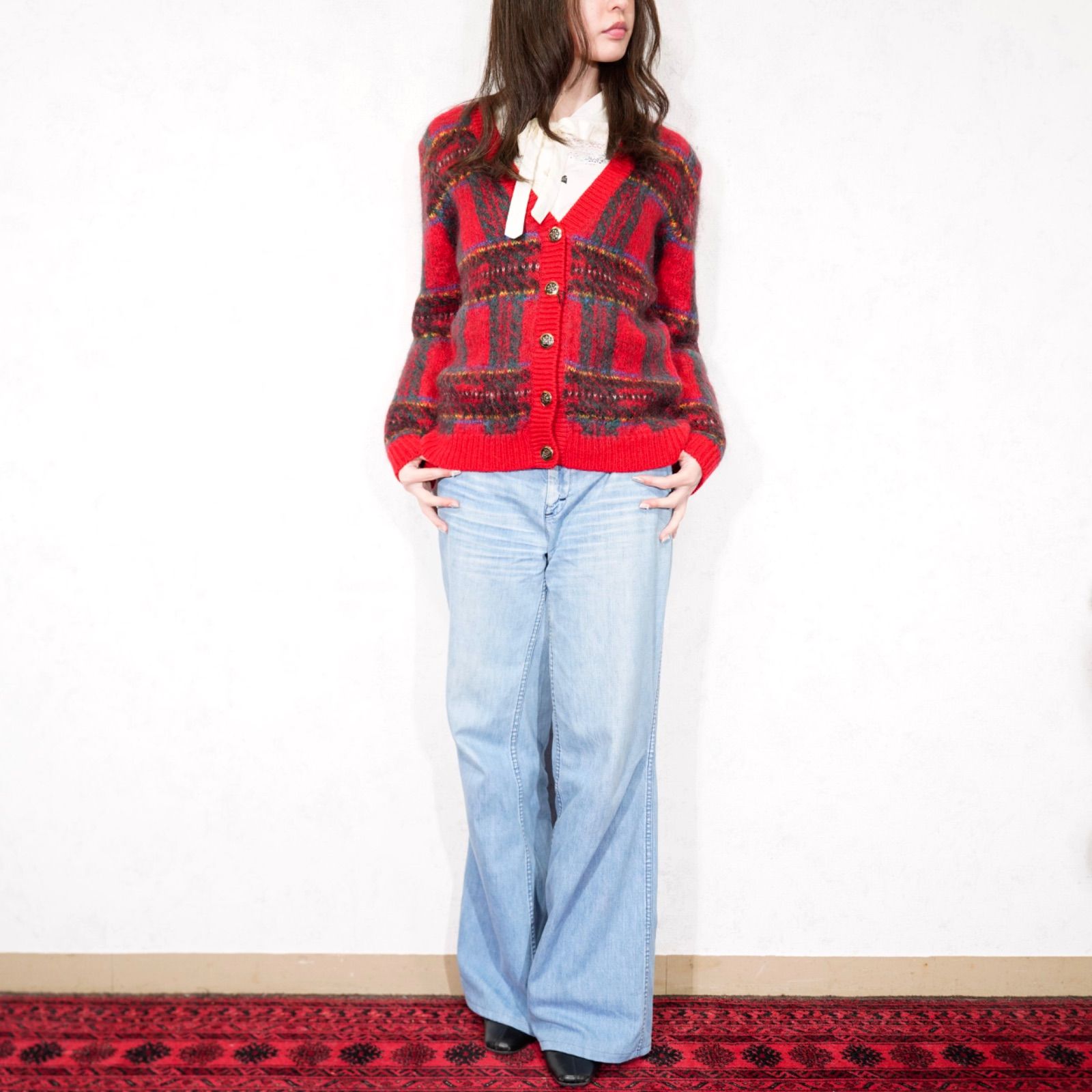 CARDIGAN アメリカ古着チェック柄デザインモヘアニットカーディガン