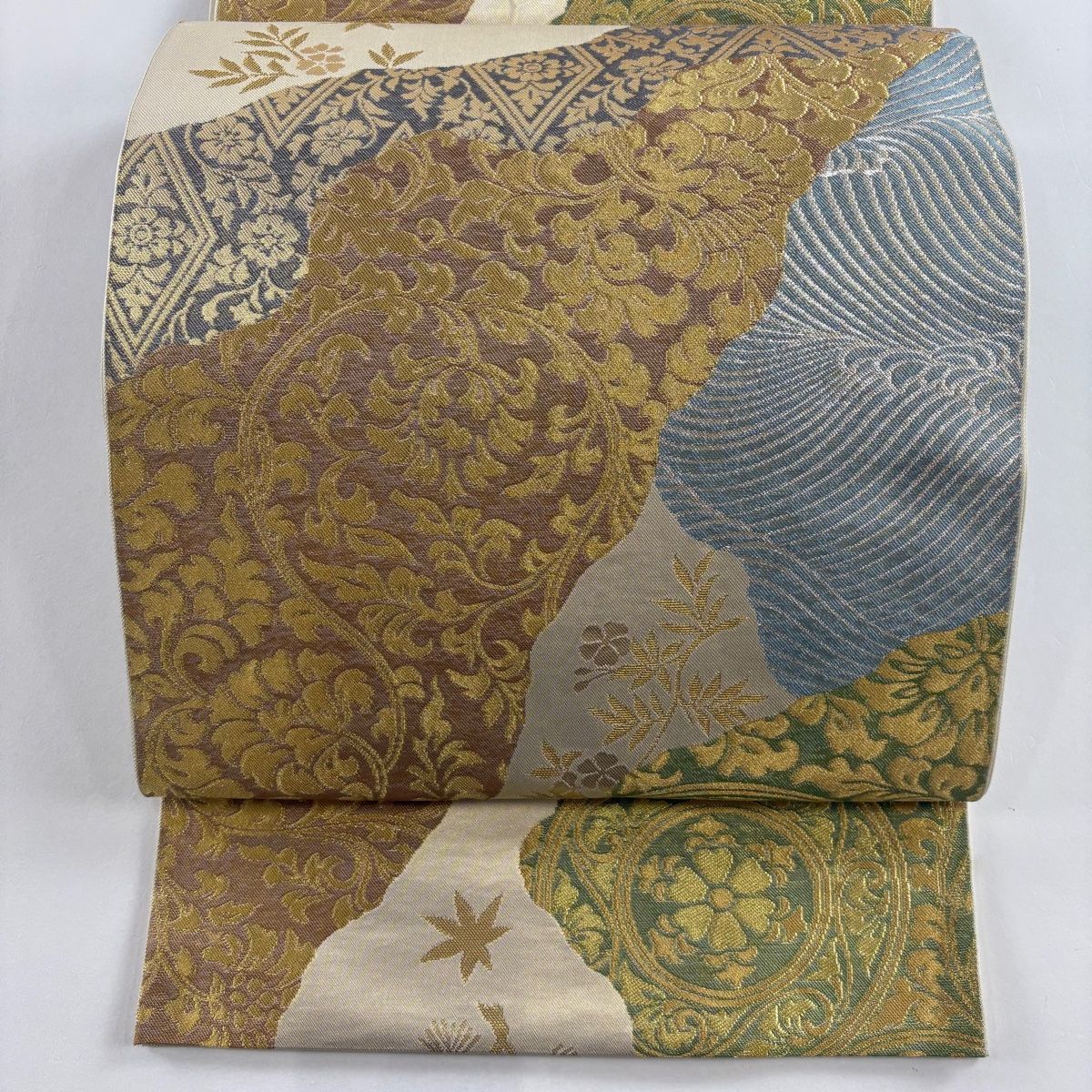 407my12◇川島織物 宝相華 丸文 唐草 金糸 六通 本袋帯◇美品 袋帯 美品 名品 川島織物 落款 華文 花唐草 金糸 箔 ベージュ 六