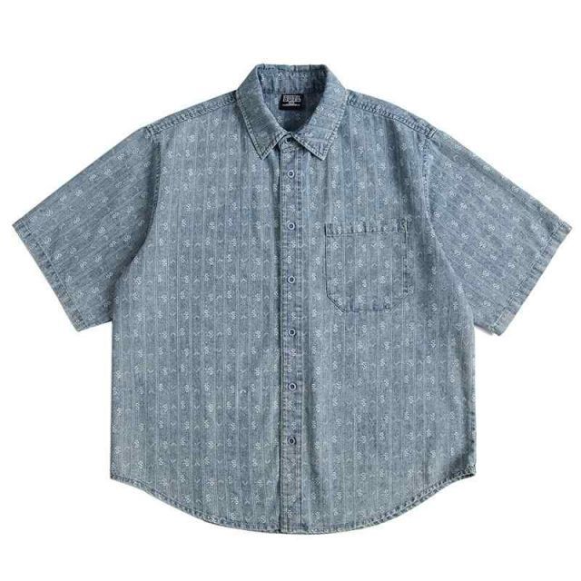 メンズ ファッション 服 用 オシャレ シンプル 大人 かっこいい 大きいサイズ ストリート 紳士服 アメリカン ストリート テクスチャー プリントデニム 半袖 シャツ 男女兼用