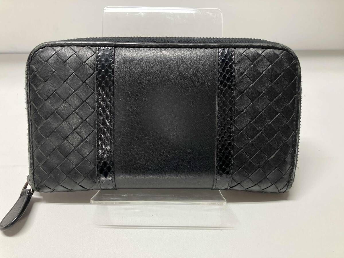 長財布 ブラック ラウンドファスナー 編み込み 本革 黒 イントレ