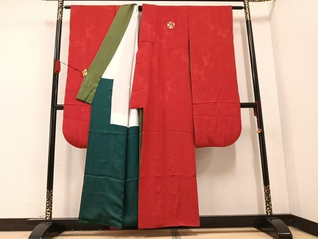 平和屋着物 豪華振袖 色無地 麻の葉桜地紋 茜色 正絹 AABB7265ph