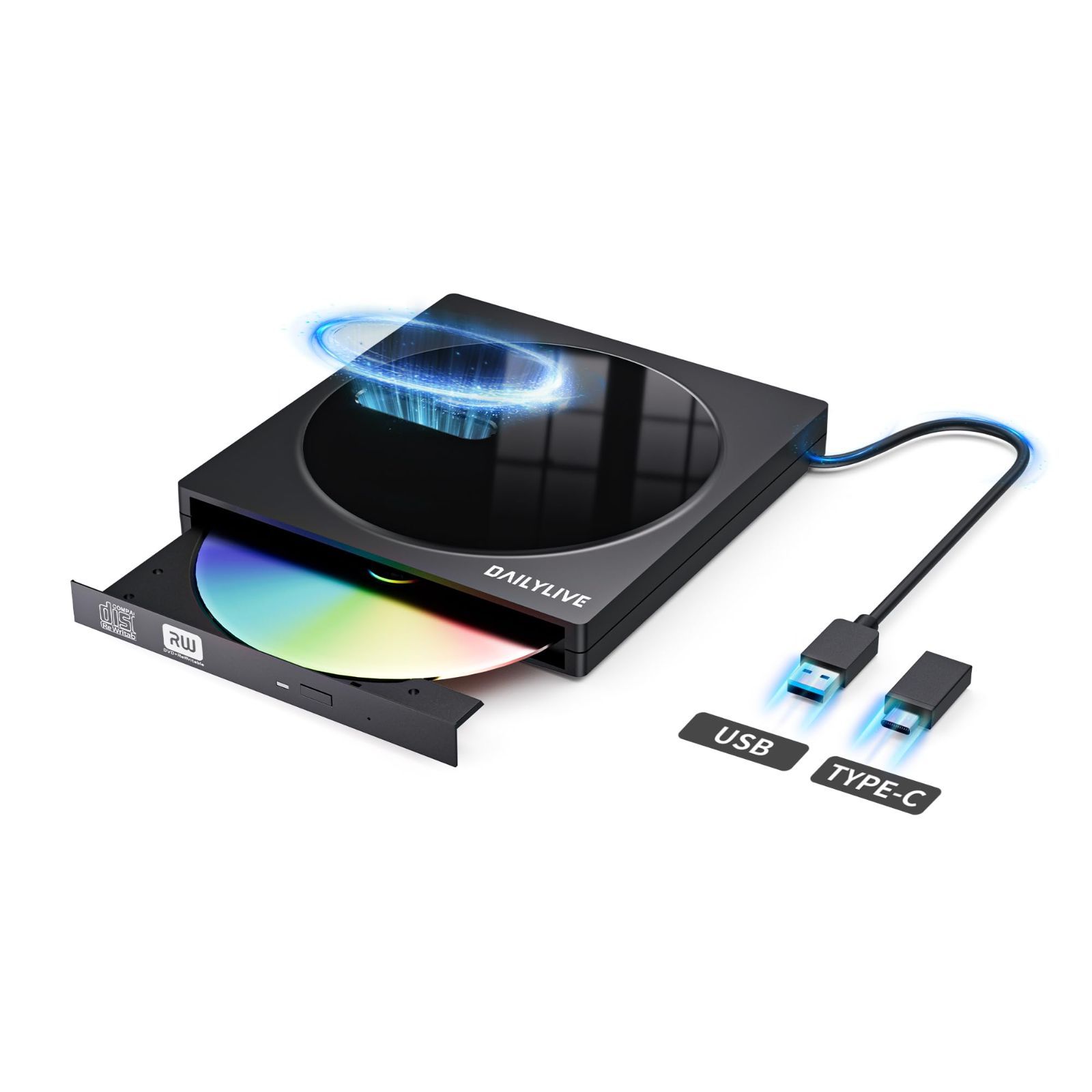 CD・DVD-Rプレイヤー OS対応 DVDレコ Window・Linux・Mac ケーブル内蔵 読み出しu0026書き込み 静音 高速 USB3.2u0026Type-C 軽量 外付けDVD・CDドライブ 薄型 エラー校正 鏡面デザイン 日本語取扱説明書付き