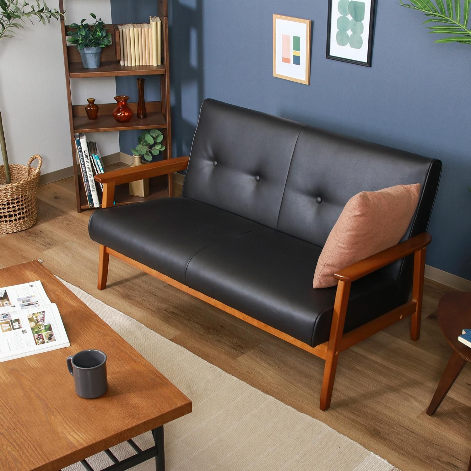 ♪2人掛 ウッドフレーム レザー調ソファ ダークブラウンカラー［幅