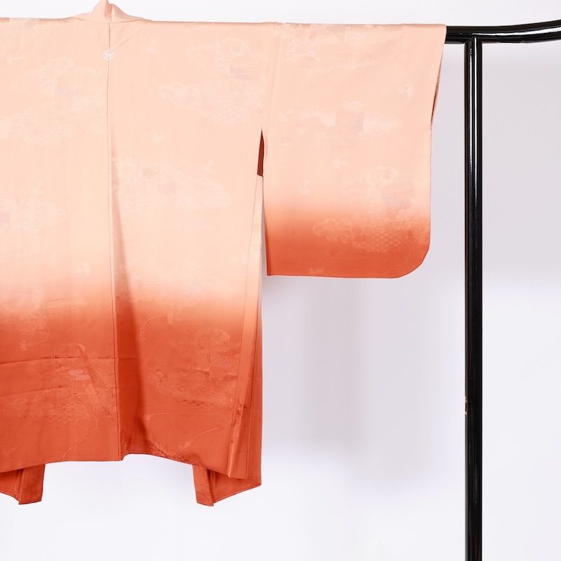 長羽織 茶 桜色 一つ紋マルニ橘 地紋通し B835