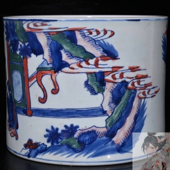 旧家蔵出　清国時代　大型 康熙青花瓷 逸品　陶器　置物 旧家蔵出し 大清康熙年製 青花 加彩 人物紋 筆筒 古陶瓷器 陶芸