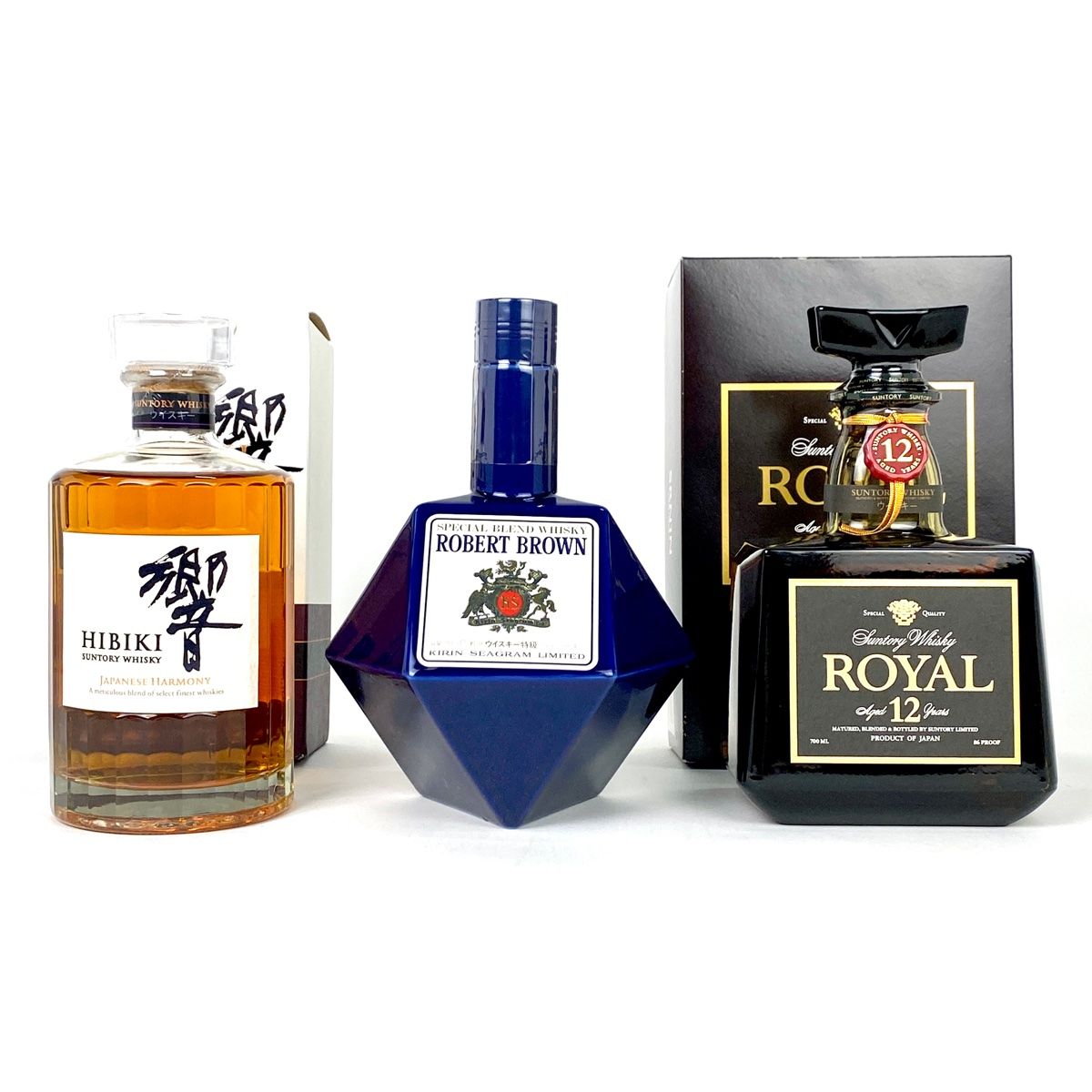 お届け 3本 響 ジャパニーズハーモニー ロバートブラウン 青陶器 ローヤル 12年 黒ラベル 700ml ウイスキー セット 古酒