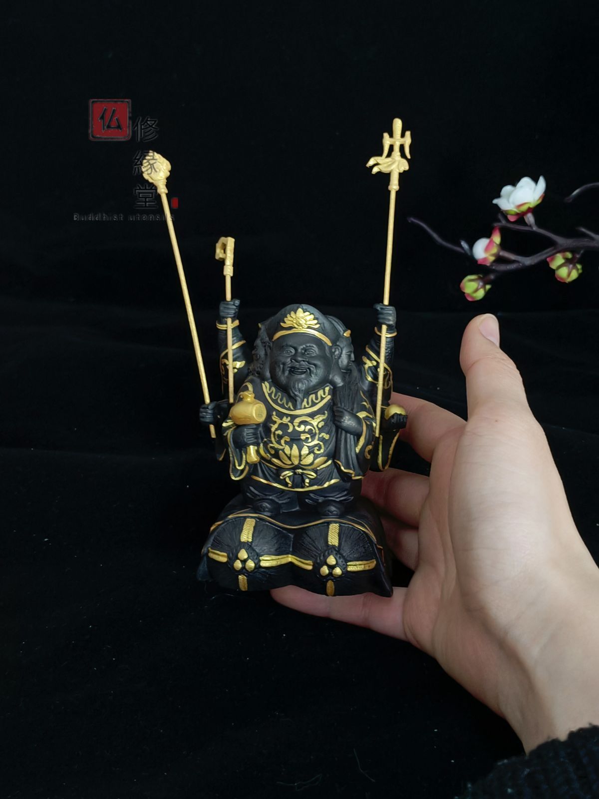 修縁堂】珍品 木彫仏像 七福神三面大黒天立像 彫刻 彩繪 本金 切金 檜 
