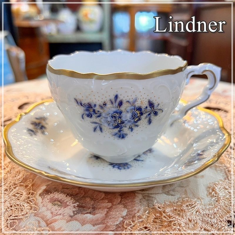 リンドナー カップ＆ソーサー 1客 Lindner ブルー フラワー ゴールド ロココ調 金彩 青花 レリーフ ドイツ オシャレ 上品  ME0703-10 - メルカリ