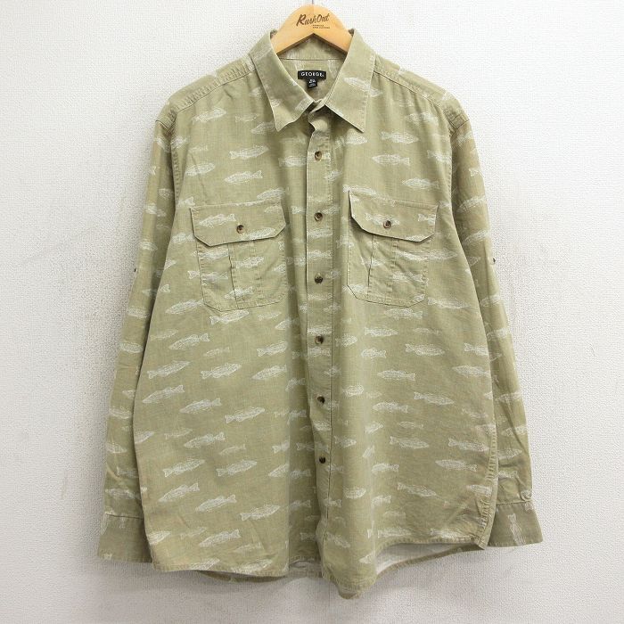 XL/古着 長袖 シャツ メンズ 魚 総柄 大きいサイズ コットン ベージュ カーキ 24feb08 中古 トップス