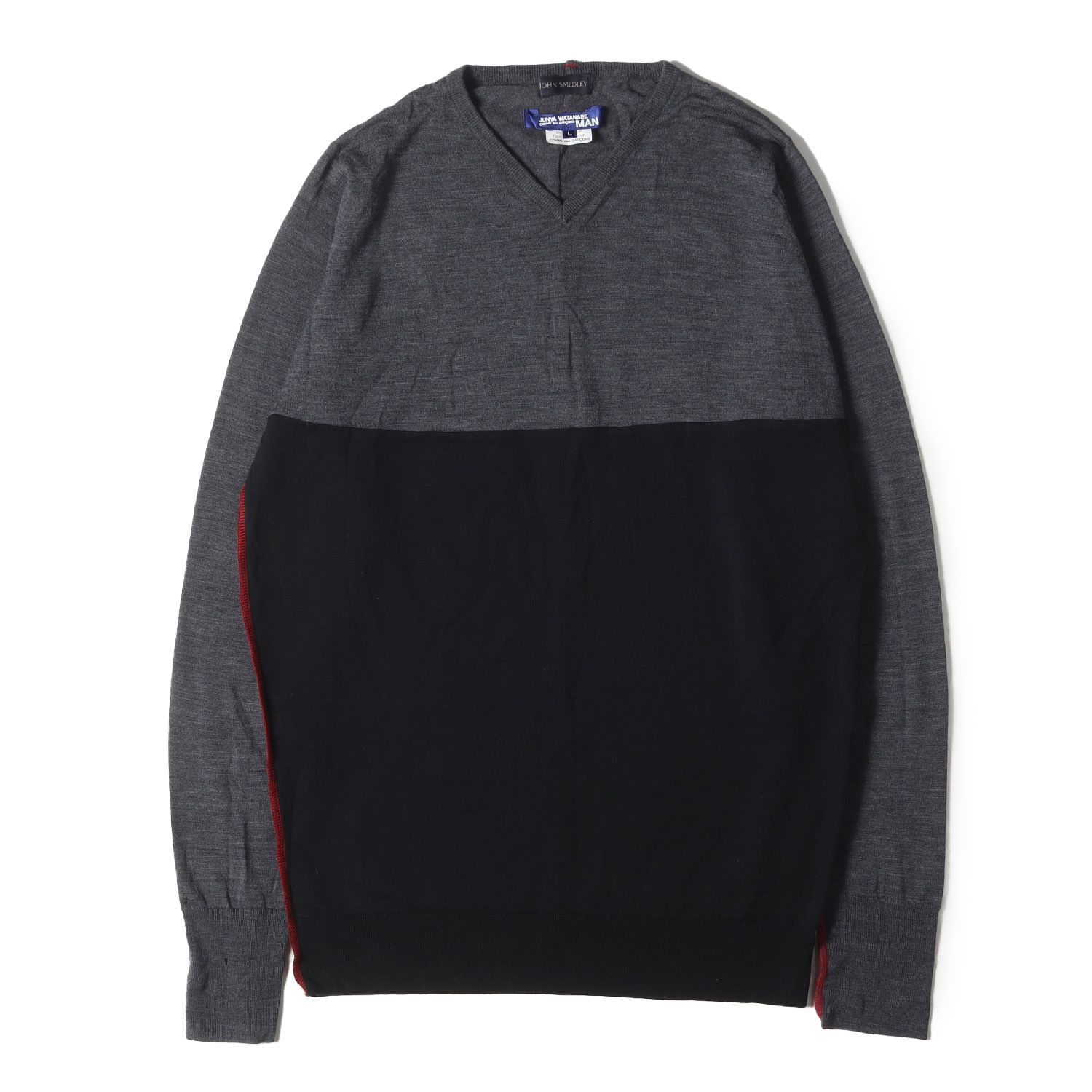 JUNYA WATANABE MAN COMME des GARCONS ジュンヤワタナベ マン コムデギャルソン サイズ:L 10AW JOHN SMEDLEY シープスキン エルボーパッチ Vネック ハイゲージ ウール ニット グレー ブラック【メンズ】