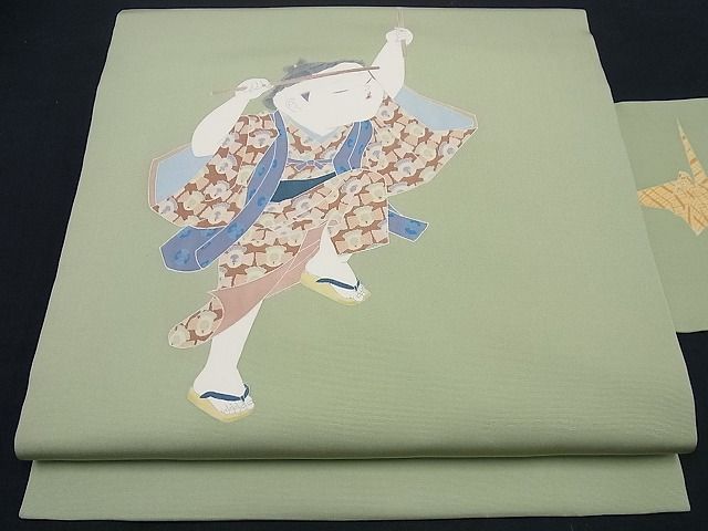 平和屋本店■希少　加賀友禅の巨匠　初代　由水十久　塩瀬　九寸名古屋帯　童子　折鶴　三越扱い　逸品3s964 平和屋本店□希少 加賀友禅の巨匠 初代 由水十久 塩瀬 九寸名古屋帯