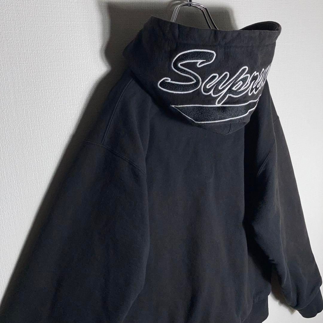 SUPREME フルジップパーカー 刺繍ロゴ ビッグロゴ 肉厚 黒 L