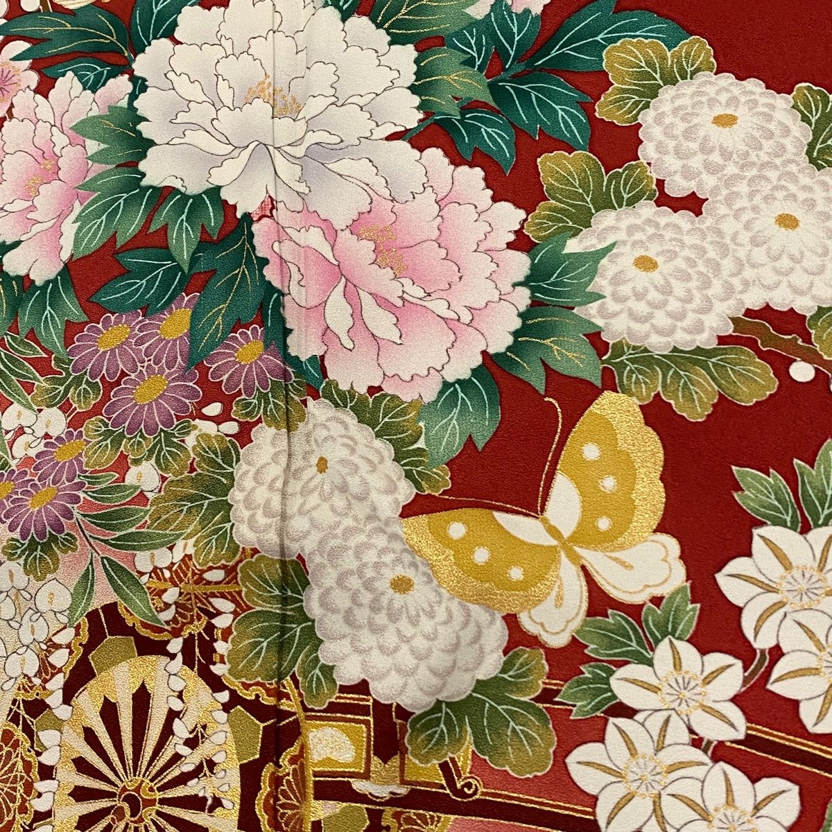 振袖 身丈170cm 裄丈67.5cm L 袷 洗える着物 御所車 草花 金彩 緑 化繊 秀品 中古