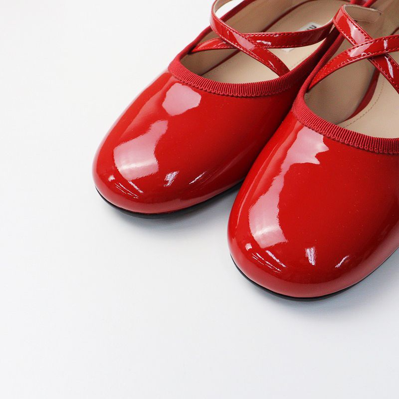 極美品 ミュウミュウ miu miu エナメルクロスストラップバレエシューズ 
