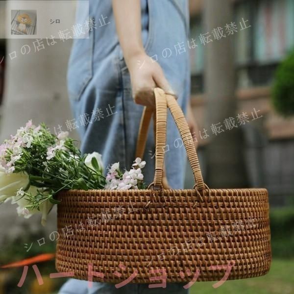 ラタンかご 藤編み 手編み 籐のバスケット カゴ ピクニックバスケット フルーツバスケット 収納ボックス ハンドル付き 田園風 自然風 インテリア オシャレ 装飾 キッチン 収納 手作り 果物入り ピクニック 雑貨 部屋装飾