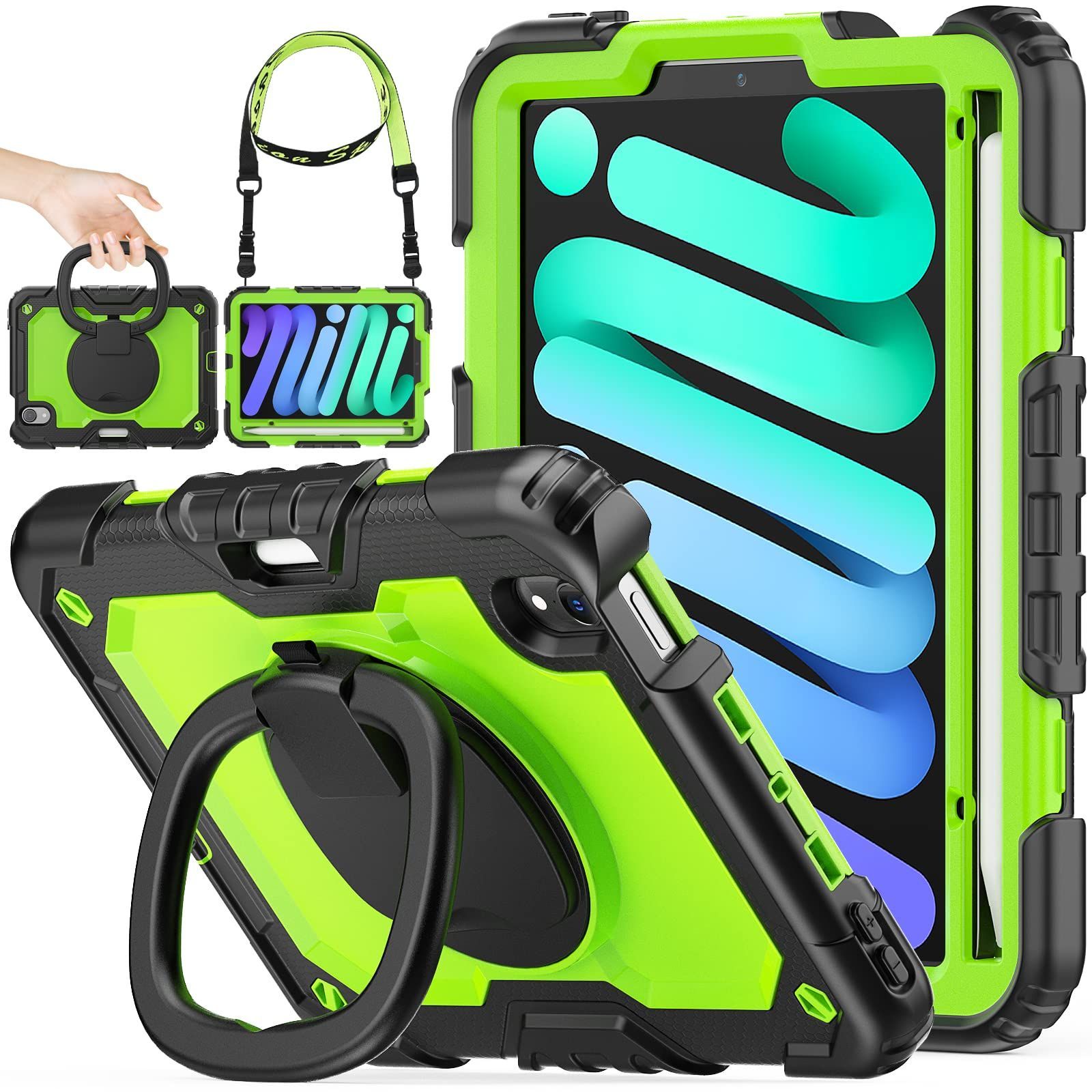 A 17 Pro mini 6 リングハンドル耐衝撃ケース iPad mini第7 6世代8 3インチ 2025 2021 stock ペン収納 ショルダーストラップ SEYMAC 保護フィルム付きフレーム グリーン ブラック