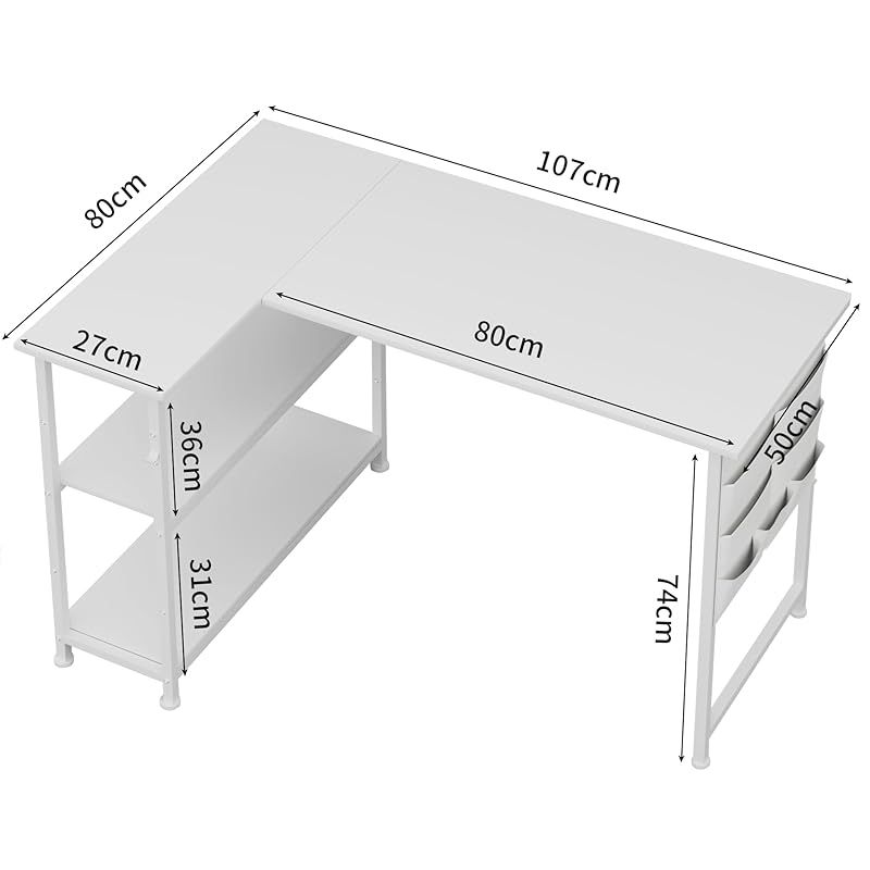 Alebert デスク 机 L字デスク パソコンデスク「メーカー一年」 幅107cm 机 pcデスク 勉強机 テーブル 作業机 ゲーミングデスク ラック付きデスク l字型デスク ワークデスク オフィスデスク コーナーデスク ゲームデスク 棚板高さ調節可能 省ス