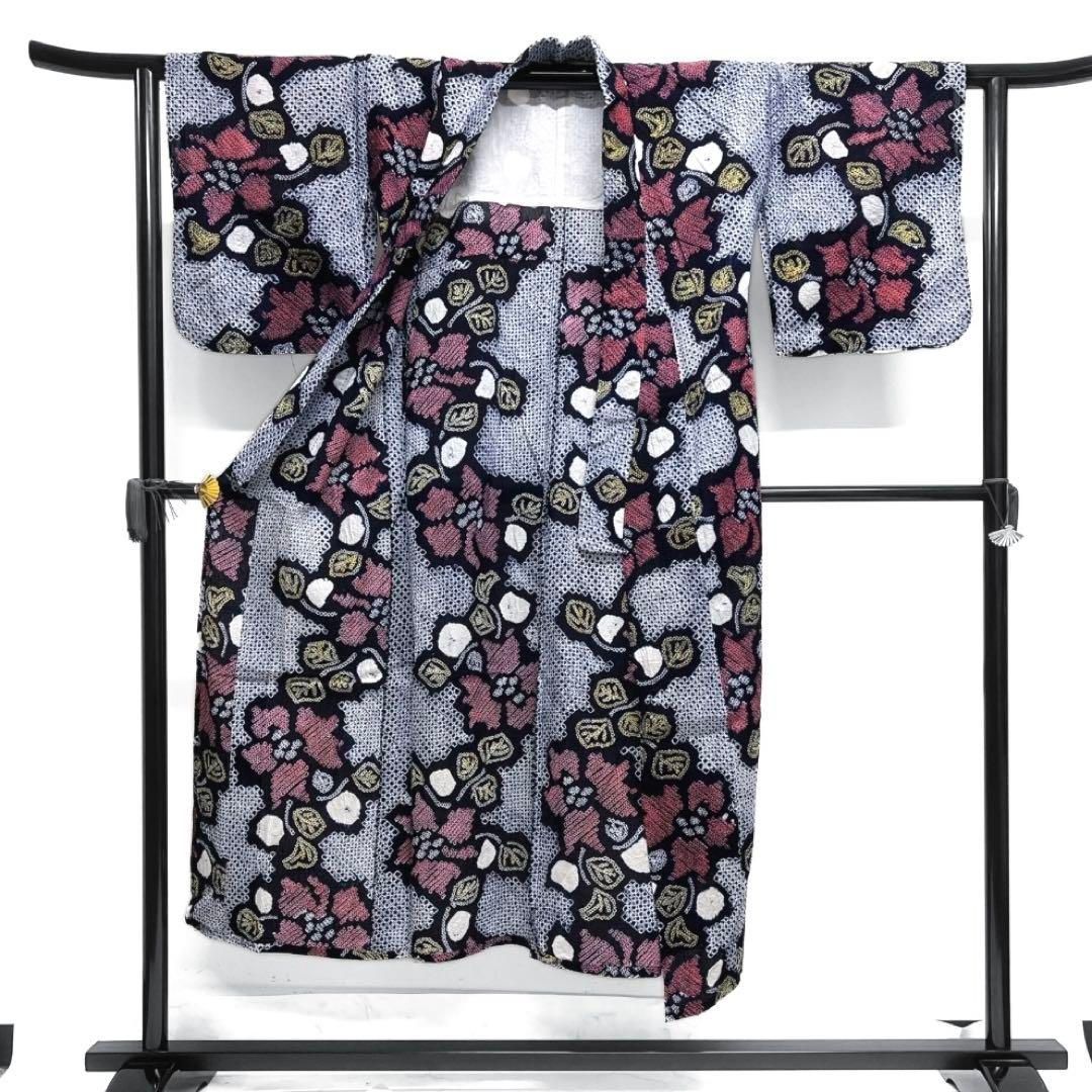 浴衣 有松鳴海絞り 花模様 リーフ 藍色 着物 033a d - メルカリ