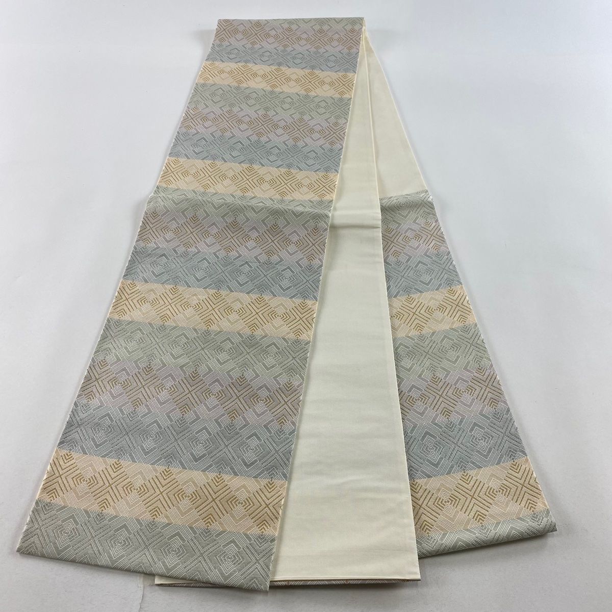 袋帯 美品 名品 ますいわ屋 菱 横段 金銀糸 薄緑 六通 正絹 【中古