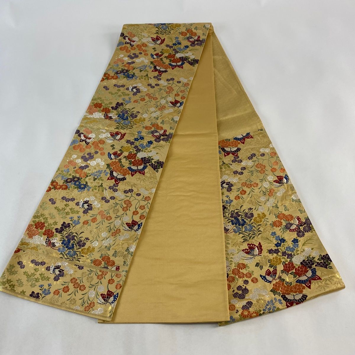 ⑥⑨⑤中国刺繍 袋帯 正絹 六通 袋帯 美品 秀品 関西仕立て 向かい鳥 草花 金糸 箔 金色 六通