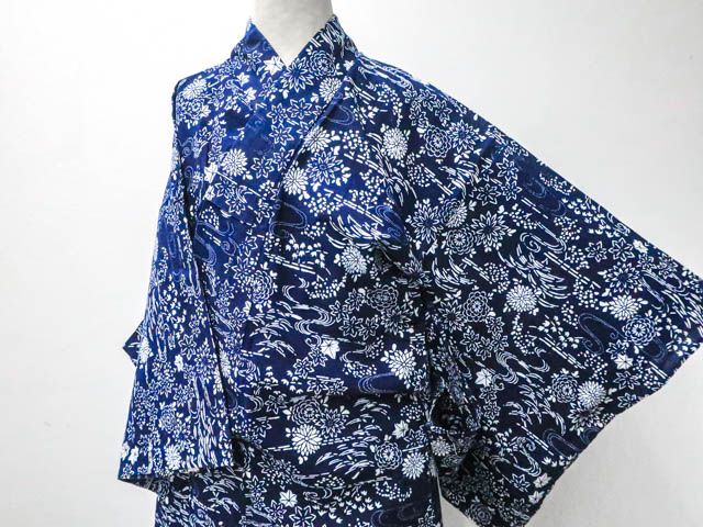 京松】【着物】昭和レトロ 浴衣 ゆかた 流水に花文 身丈約155.5