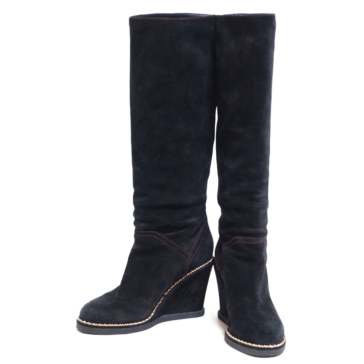 CHANEL(シャネル) ロングブーツ 37 C レディース - G31259 黒 ウェッジ 