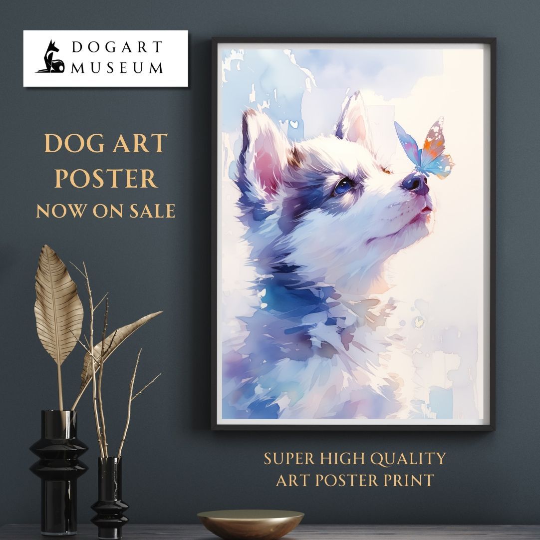 【蝶犬戯舞 - シベリアンハスキー犬の子犬 No.5】春・蝶・子犬・アートポスター・犬の絵・犬の絵画・犬のイラスト