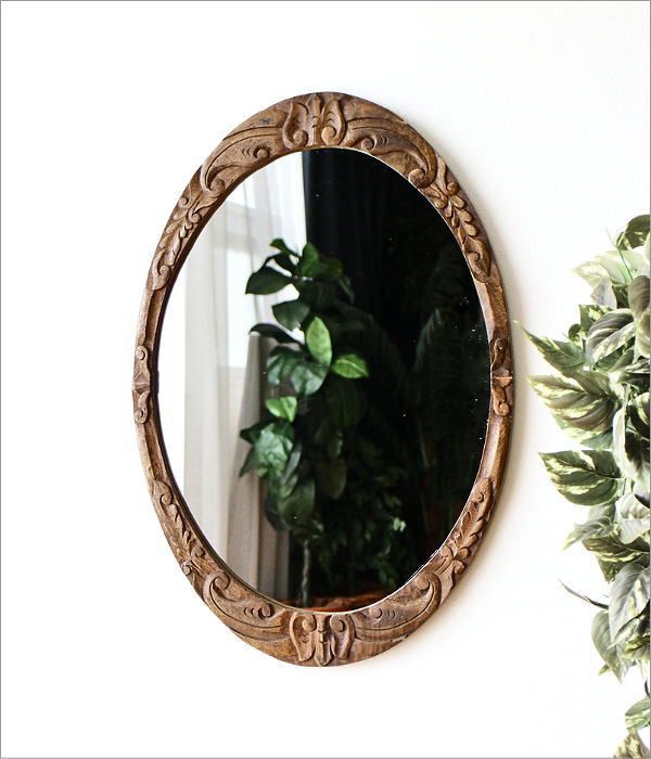 鏡 壁掛け 木製 ミラー 高さ70cm 楕円 彫刻 洗面 ウォールミラー 姿見 全身 丸 無垢 横向き対応 アジアン ウッドカービングミラー オーバル