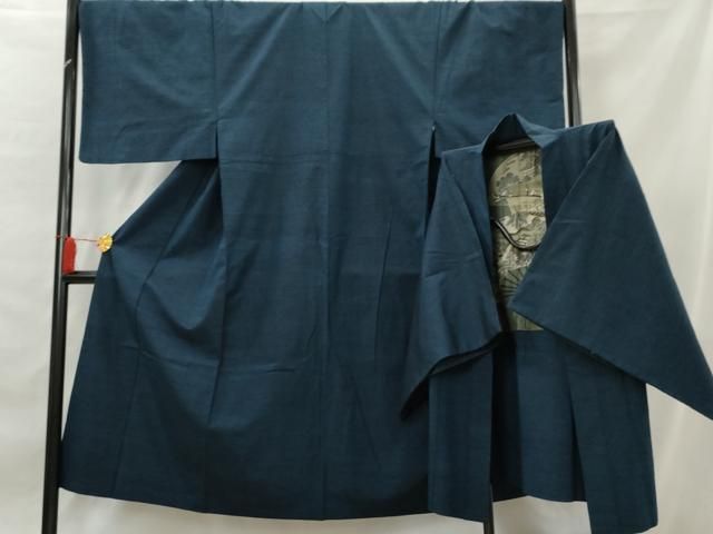 平和屋着物●男性 紬 アンサンブル 色留袖 紺瑠璃色 正絹 AABA6050cs