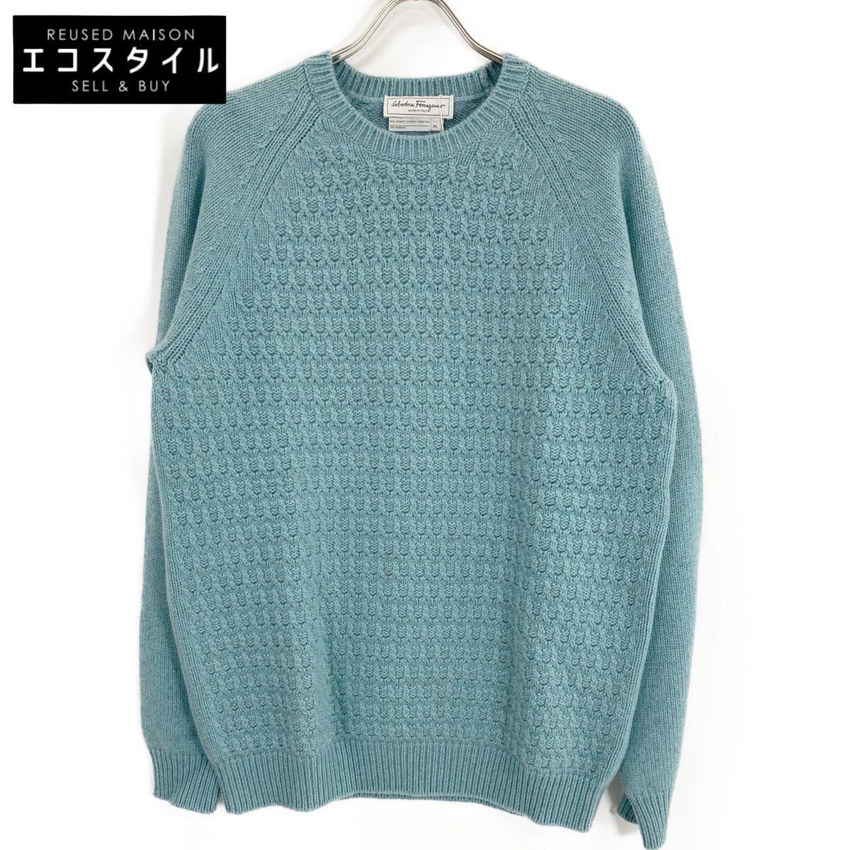 Salvatore Ferragamo サルヴァトーレフェラガモ ﾌﾞﾙｰ ｶｼﾐﾔ100 ｸﾙｰﾈｯｸﾆｯﾄ XL