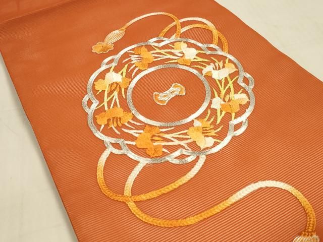 平和屋着物○アンティーク 大正ロマン 九寸名古屋帯 総刺繍 休み鳥枝椿