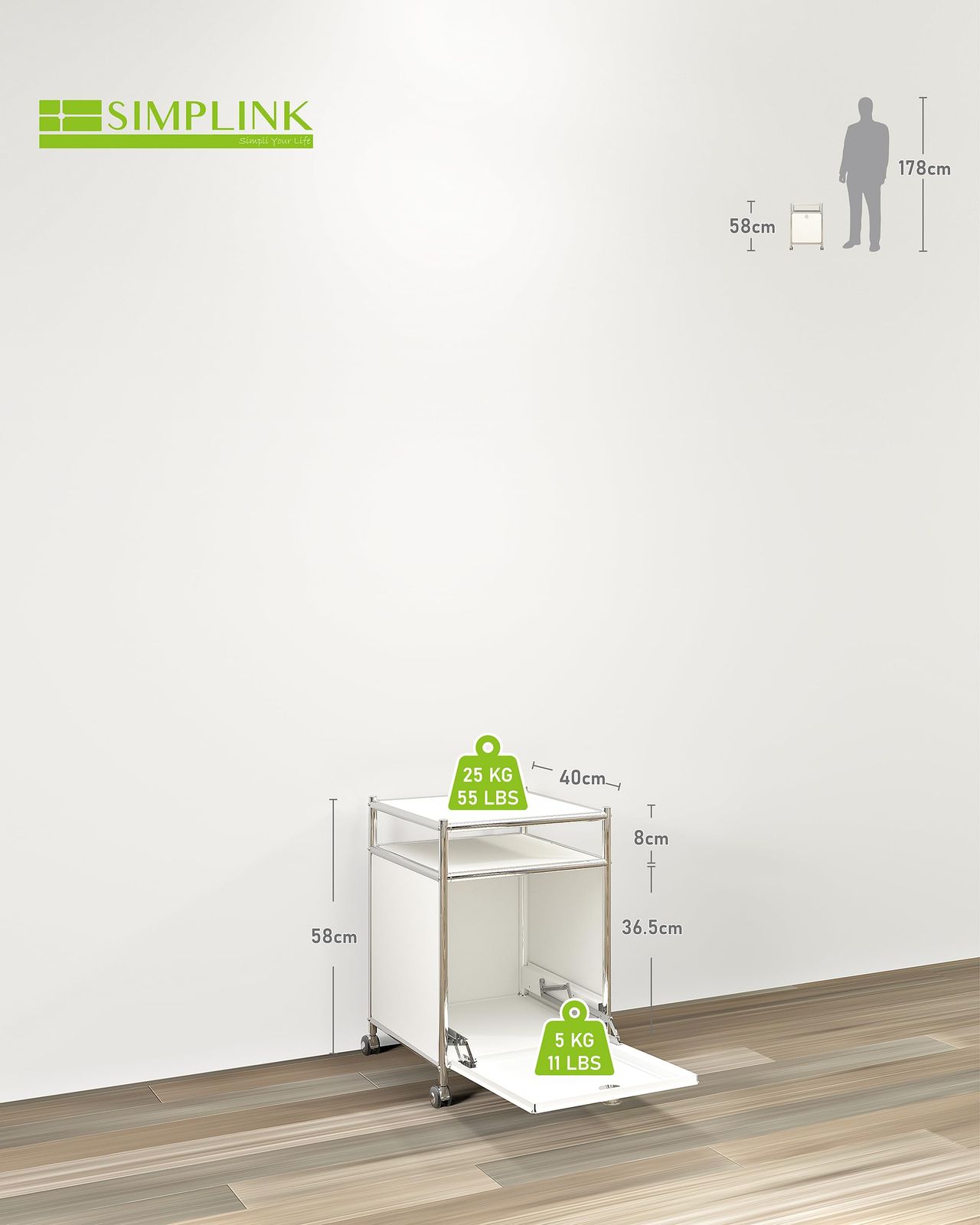 大 キャスター付きワゴン 幅40cm×高さ58cm フラップ扉付き 収納ワゴン 北欧風 サイドテーブル SimpLink 多目的収納 DIY組立 リビング オフィス用 アイボリー