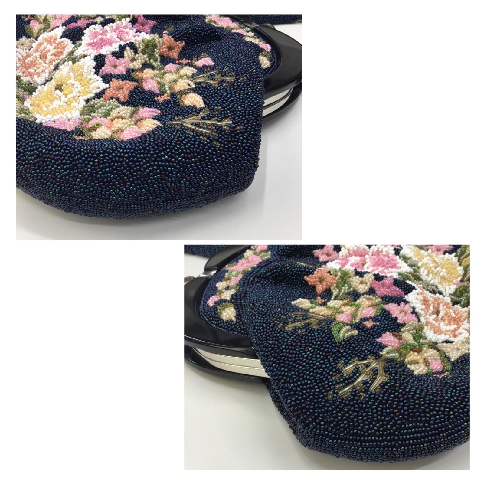 豪華 🔴 総柄 ビーズ刺繍バッグ ／ 昭和レトロ 希少🔷 ビーズ ハンドバッグ ／ がま口 ／ 総ビーズ柄 ／ パーティーバッグ ／ 手提げバッグ  ／ 和装小物 ／ 洋装小物 ／ 着物 ／ 花柄 ／ 紺色ベース ／ ビーズバッグ - メルカリ