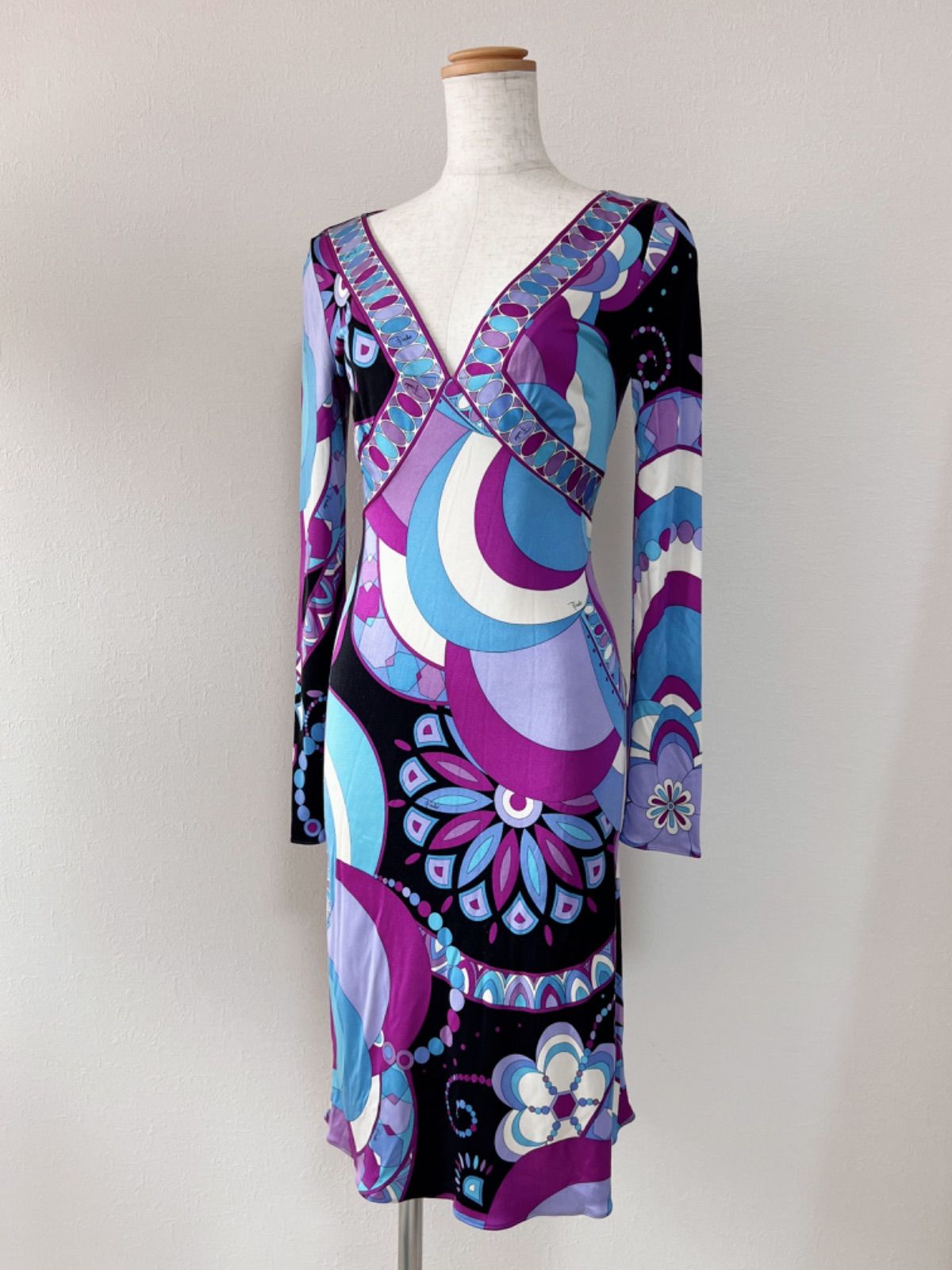 本物 エミリオプッチ ボーダー アートデザイン シルク混 長袖 ワンピース 40 EMILIO PUCCI エミリオプッチ フィレンツェ シルク 34