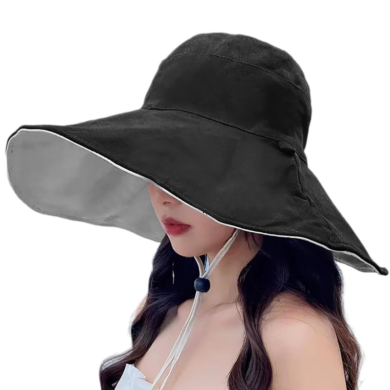 [CANFEEL] 帽子 UVカット レディース 日よけ帽子 両面使えるハット つば広 小顔効果 折りたたみ あご紐 風で飛ばない コットン素材 おしゃれ 可愛い ハット 女優帽 春夏季 海 旅行 外出