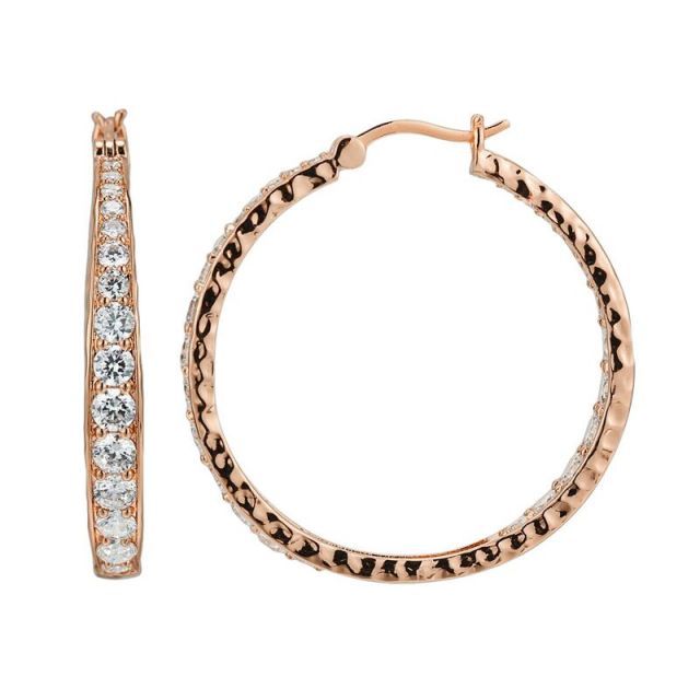 【送料無料】 アンブランデッド レディース ピアス・イヤリング アクセサリー 18k Rose Gold Over Silver-Plated Cubic Zirconia Hammered Hoop Earrings White