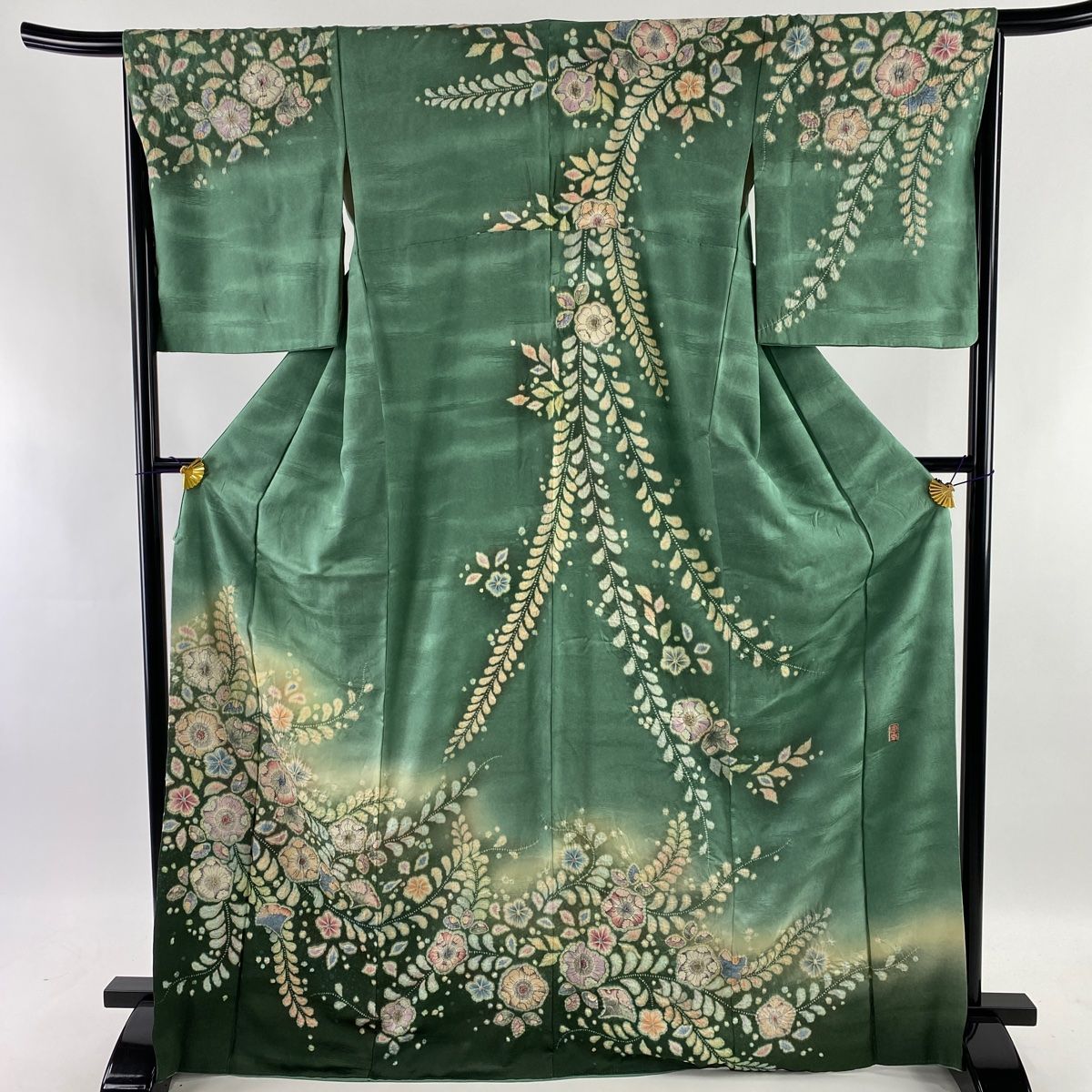 訪問着 美品 逸品 落款 徳永憲峯 辻が花 緑 袷 身丈170cm 裄丈66cm M