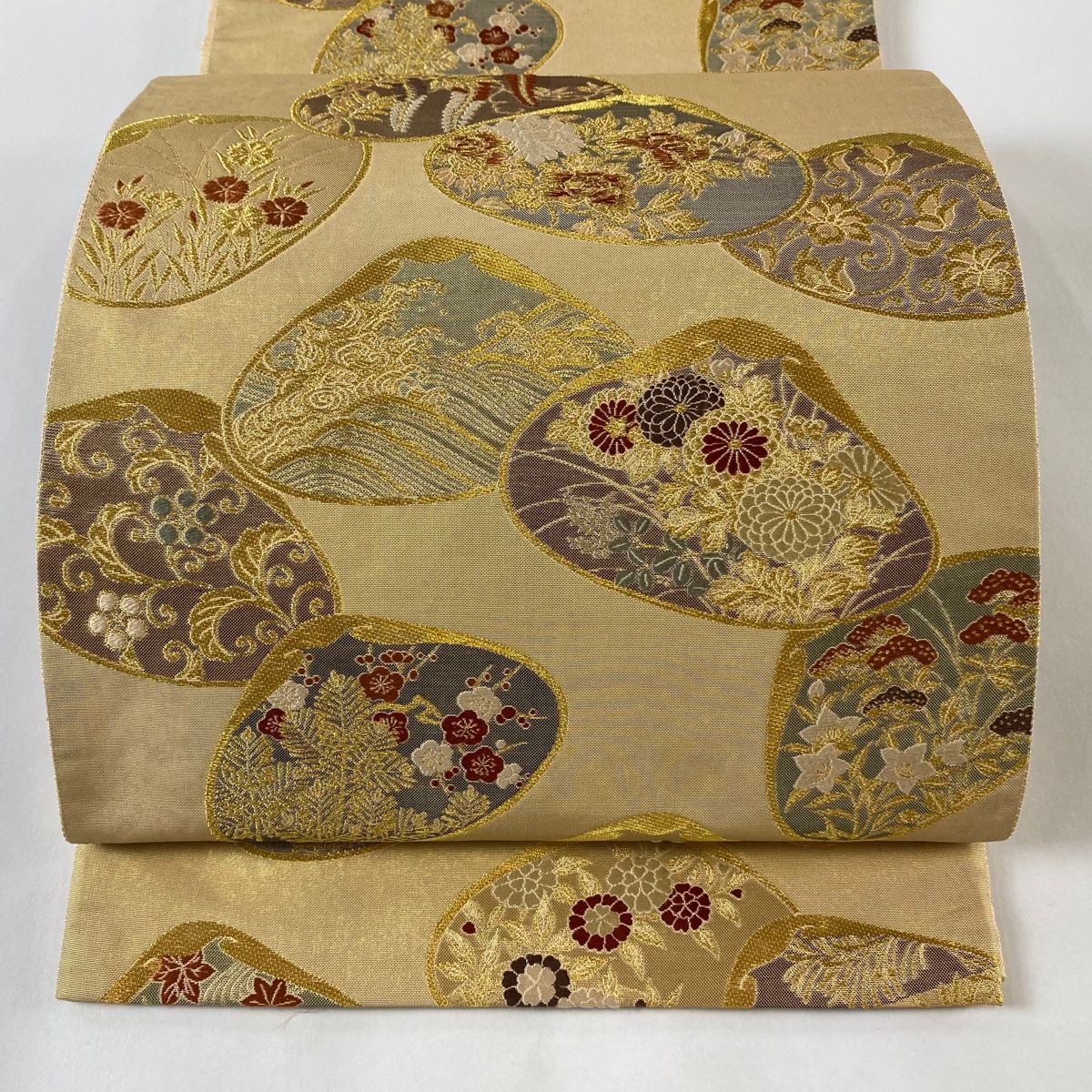 No.1996 正絹草花幾何学金糸袋帯　美品 袋帯 美品 秀品 かい 草花 金糸 箔 薄茶色 六通 正絹 【中古