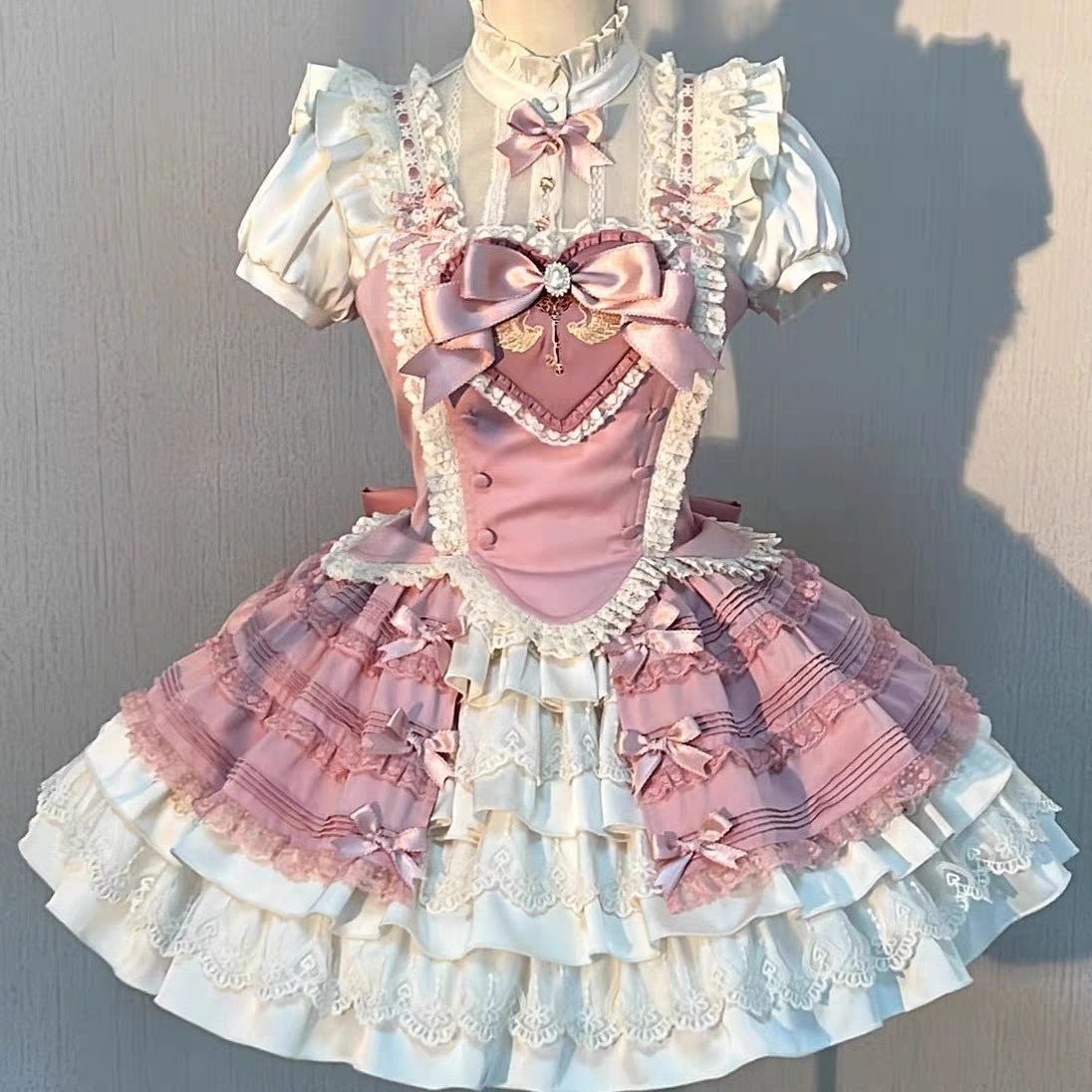 ロリータ魔法少女風ワンピースセット ふんわりピンクのエレガントデザイン レース＆リボン装飾 3点セットで可愛さ満点のプリンセススタイル