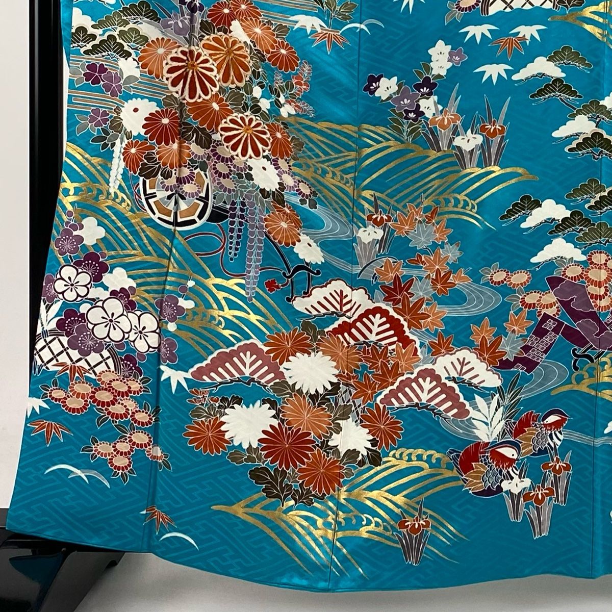 振袖 身丈162cm 裄丈64cm M 袷 花車 波頭 金糸 金彩 水色 正絹