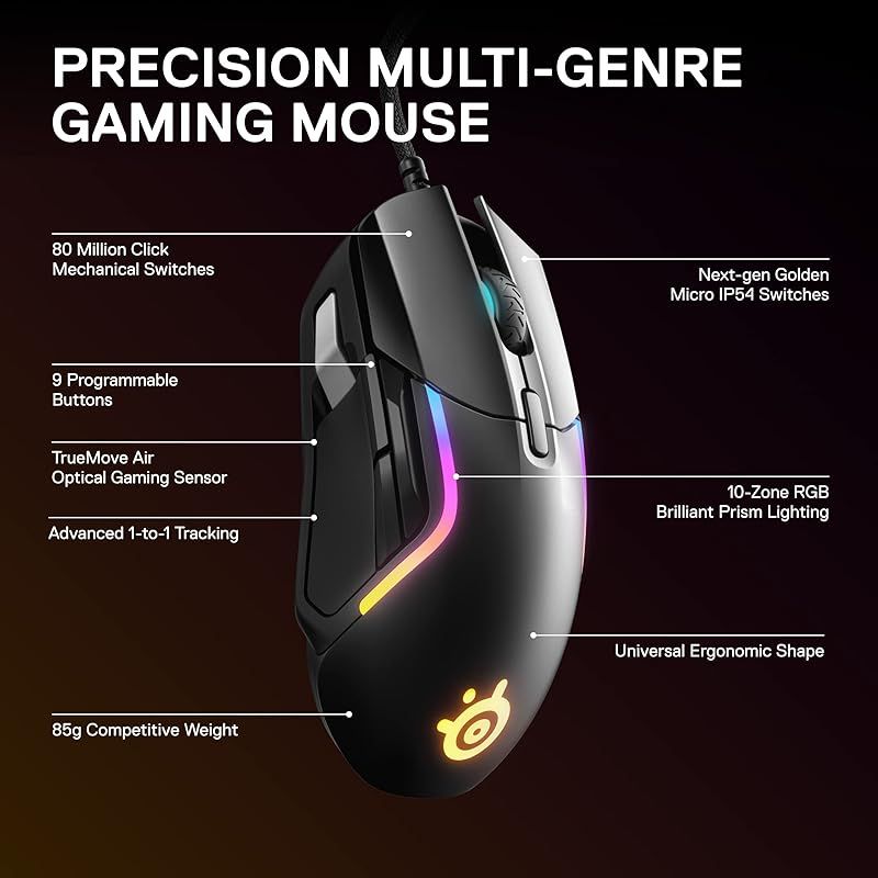 SteelSeries Rival 5 ゲーム用マウス PrismSync RGB照明と9つのプログラム なボタン FPS MOBA MMO Battle Royale 18 000 CPI TrueMove 空気光学センサー ブラック PlayStationVR NintendoSwitchソフト