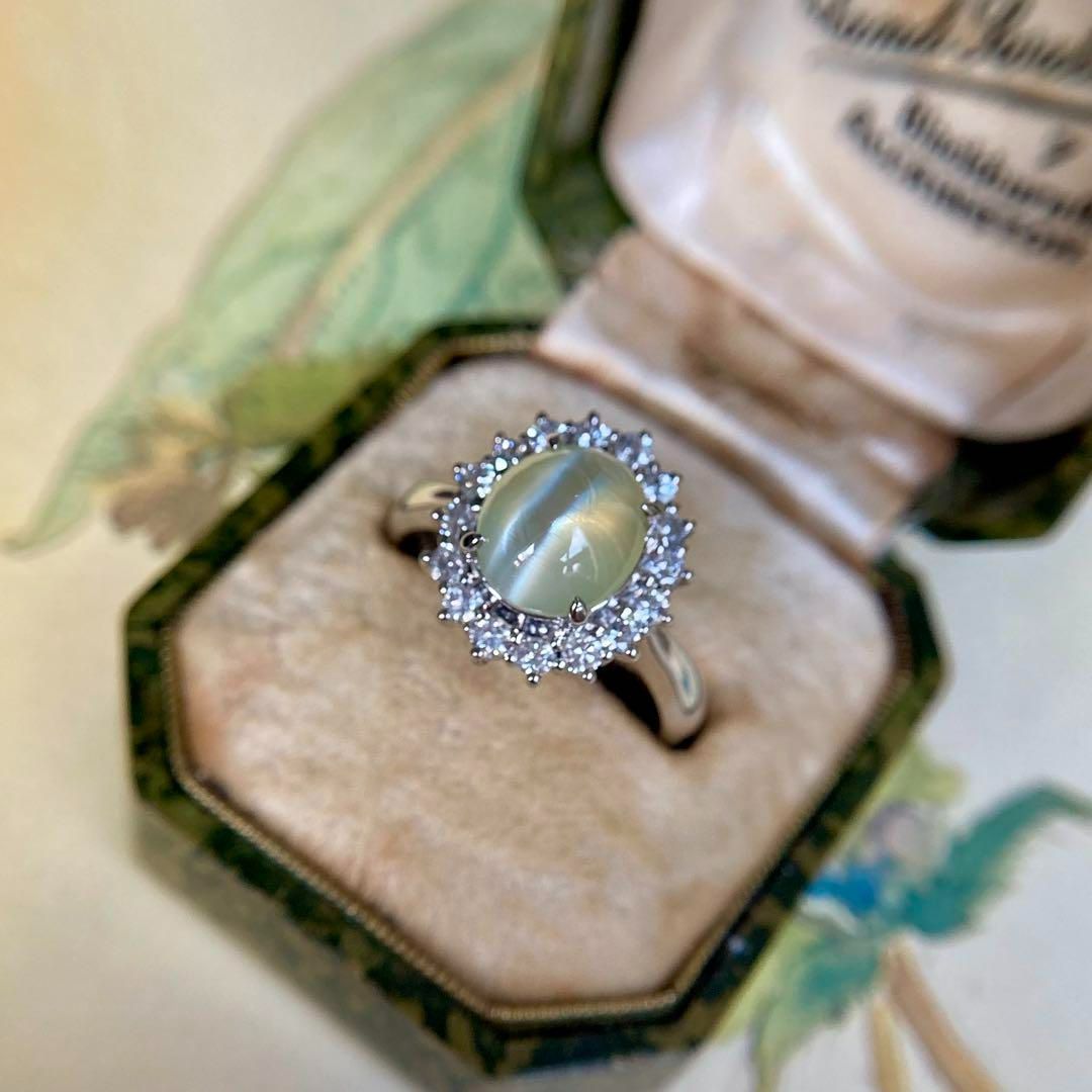 pt900 ミルク-ハニー クリソベリルキャッツアイ3.328ct ダイヤモンド リング 指輪｜鑑別書付き SIROKUMA-CORPORATION_COM