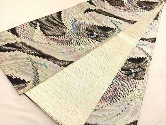 平和屋着物◎両面 全通柄袋帯 唐織 孔雀 黒地 金銀糸 正絹 逸品
