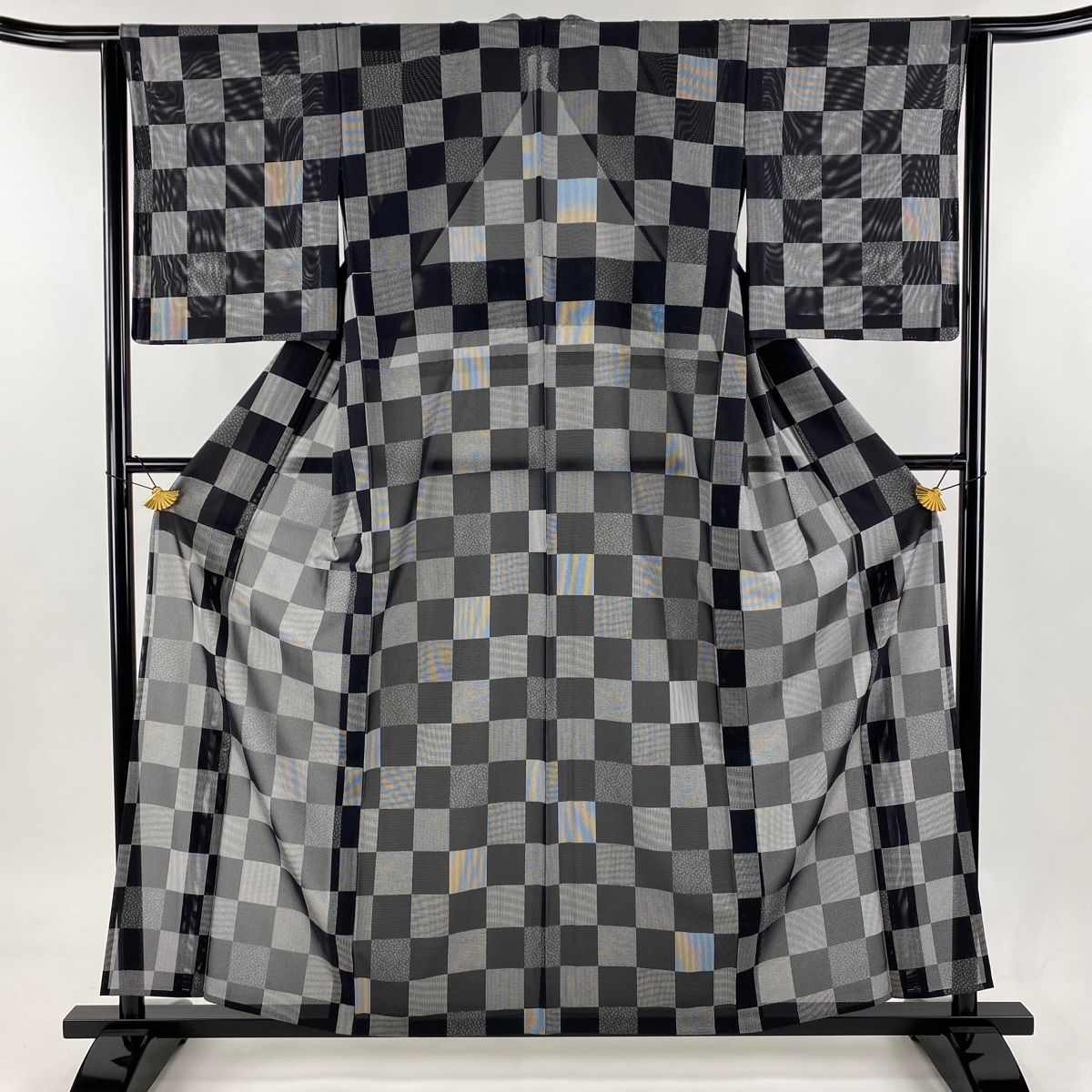 江戸小紋 身丈158.5cm 裄丈64cm M 薄物 絽 市松 鮫 黒灰 正絹 名品