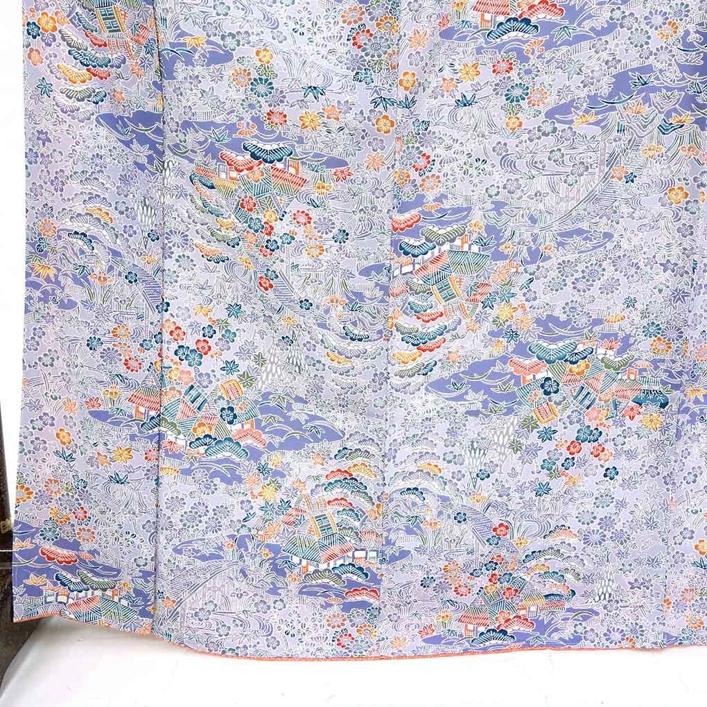 小紋 身丈170cm 裄66cm 前幅24.5cm 後幅30cm 袖丈49cm 袖幅33cm レディース 袷 花柄 裄長 裄M-Lサイズ 秋冬春用 正絹 シルク ブルー トールサイズ リメイク リユース リサイクル 呉服のきくや