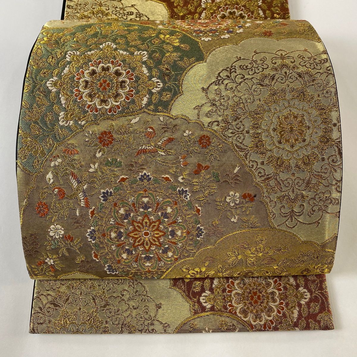 袋帯 美品 花鳥 金色 正絹 【中古】 袋帯 美品 秀品 花鳥 華文 金銀糸 箔 金色 六通 正絹 【中古