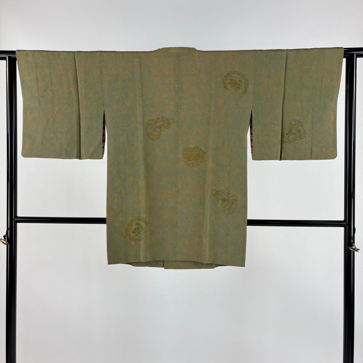 道行 身丈82cm 裄丈62cm S 和装コート 角衿 鏡裏文 ぼかし 灰緑 正絹 秀品