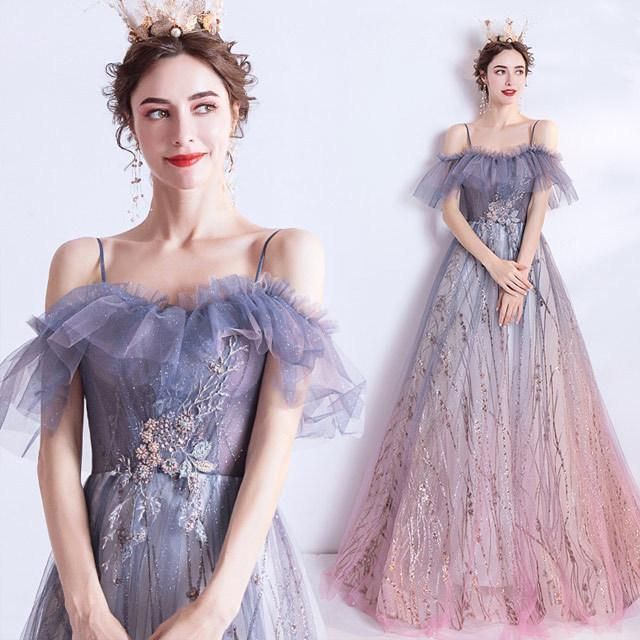 パープル グラデーション イブニングドレス ロングドレス Aライン キレイめ オフショルダー 演奏会ドレス キャミ パーティードレス